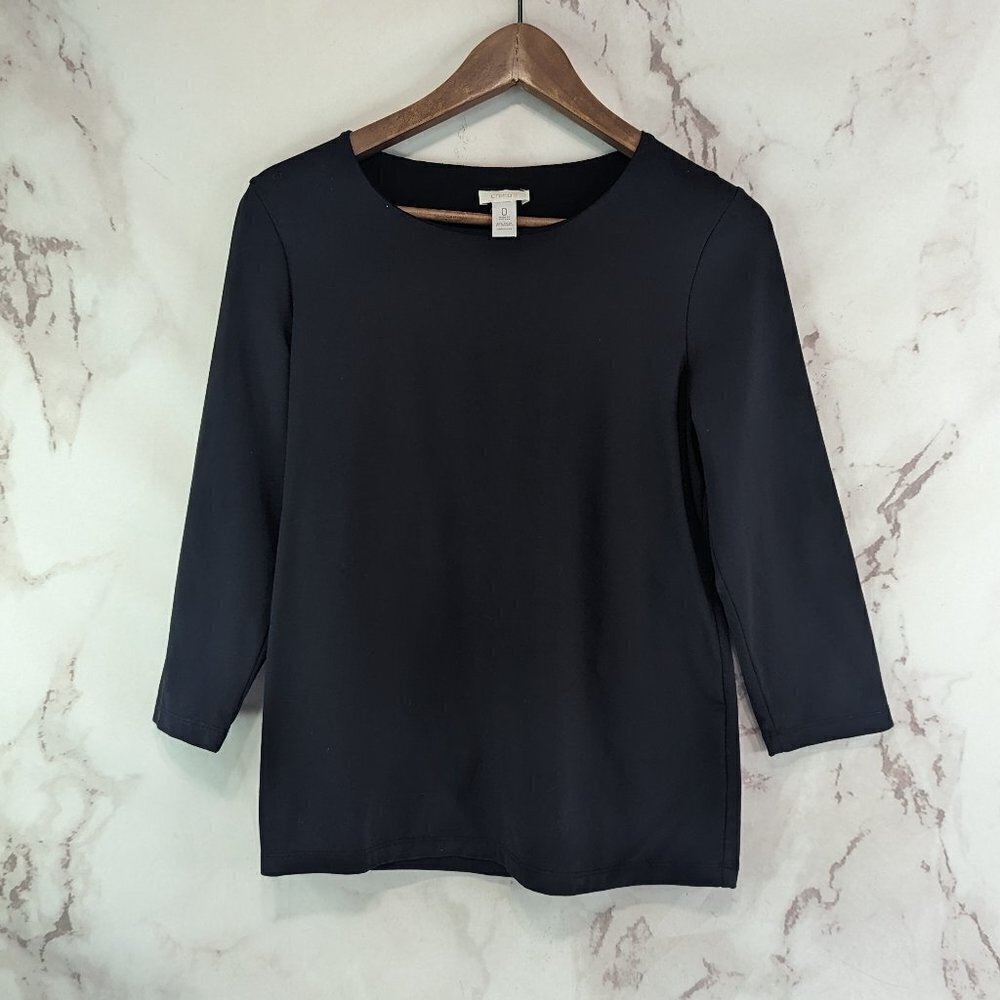 Chicos Shirt Women 0 Small Black Quarter Long Sleeve Stretch Business Office